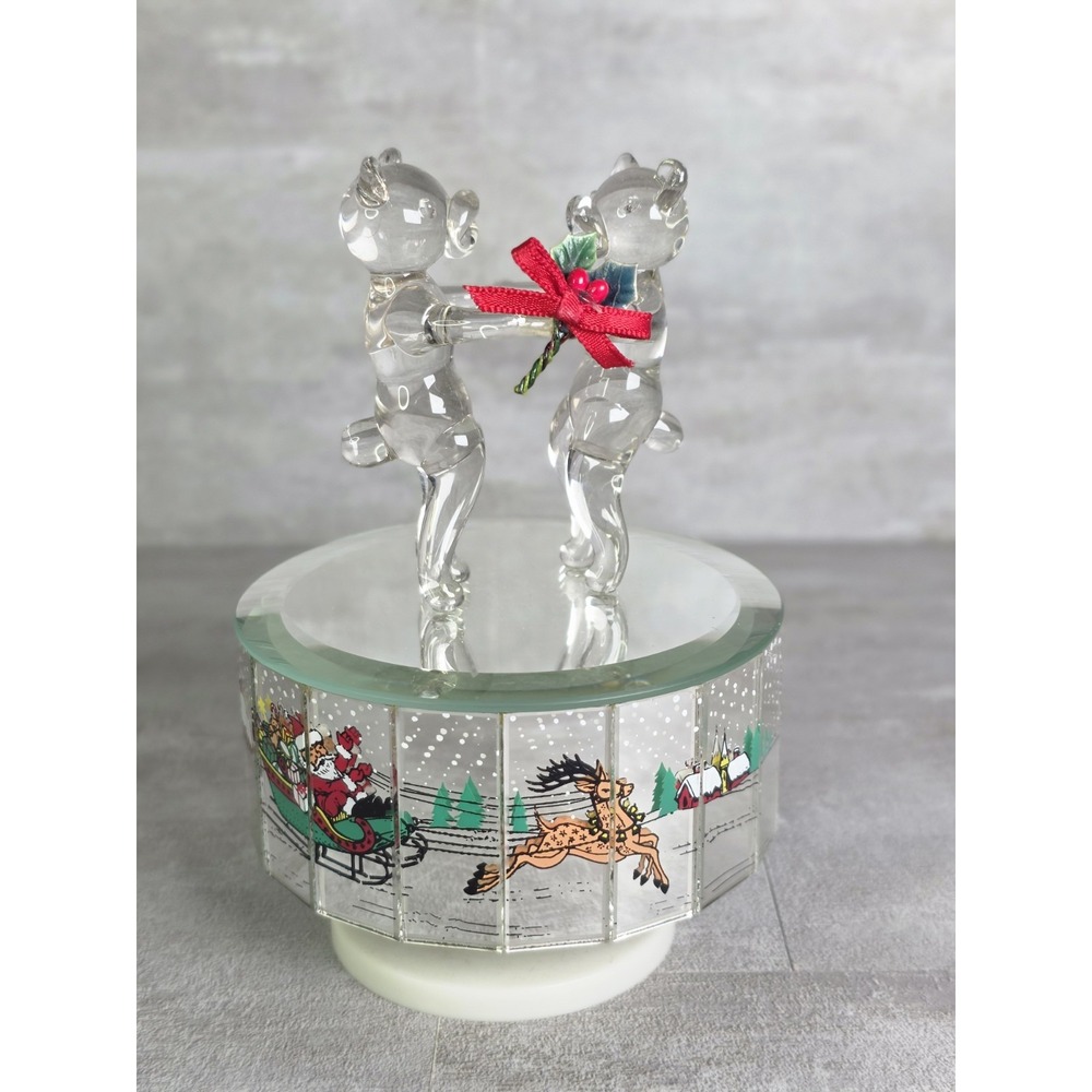 Simson Christmas hand-blown glass teddy bears dancing Music Box mirrored Rotate